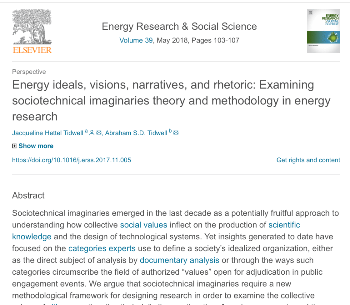 The abstract and title of J.H. Tidwell's May 2018 article in Energy Research & Social Science.